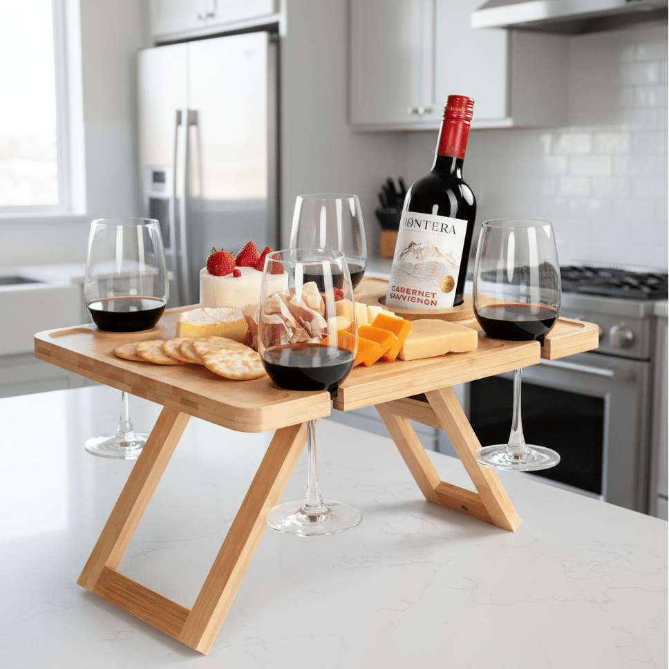 Tavolo da picnic pieghevole portatile AuraFold con portabicchieri per vino per cene all'aperto
