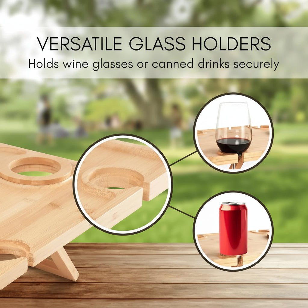 Tavolo da picnic pieghevole portatile AuraFold con portabicchieri per vino per cene all'aperto
