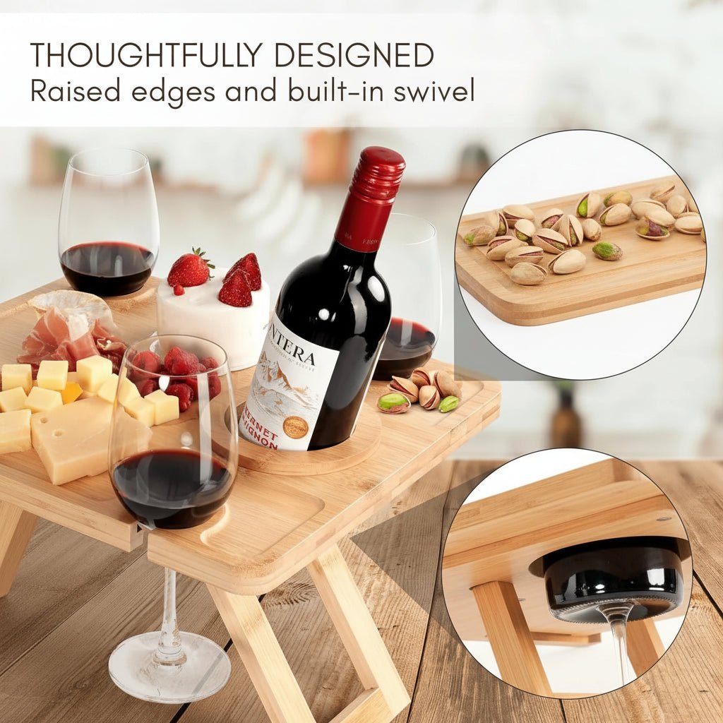 Tavolo da picnic pieghevole portatile AuraFold con portabicchieri per vino per cene all'aperto