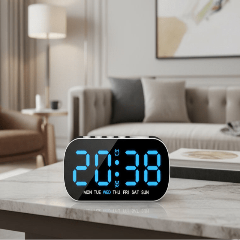 BrightPulse digital LED-vækkeur med to alarmer og temperaturvisning
