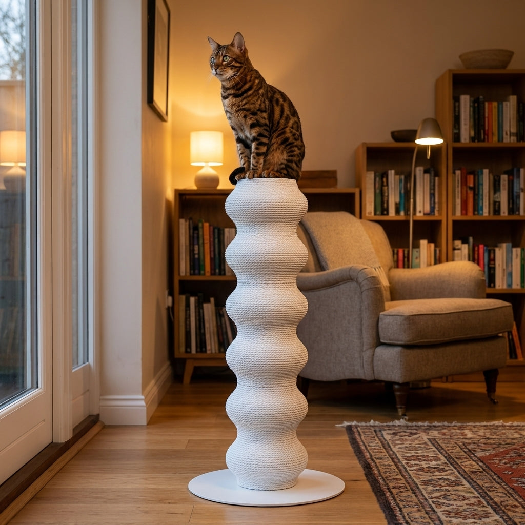 Hoher modularer Kratzbaum mit Papier-Rebe und Stahlbasis