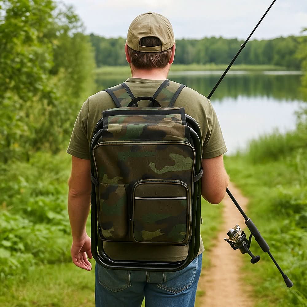 TrailChair 3-in-1 camouflage rugzak met opvouwbare stoel en koelbox voor buitengebruik