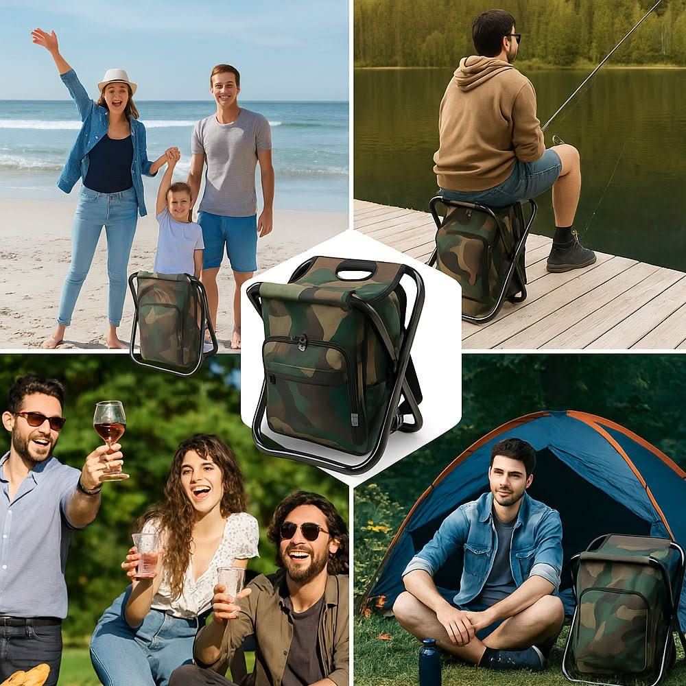 TrailChair 3-in-1 camouflage rugzak met opvouwbare stoel en koelbox voor buitengebruik