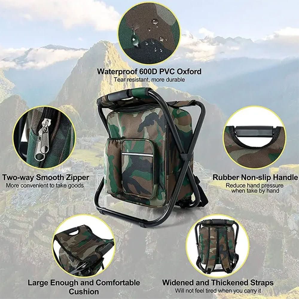 TrailChair 3-in-1 camouflage rugzak met opvouwbare stoel en koelbox voor buitengebruik