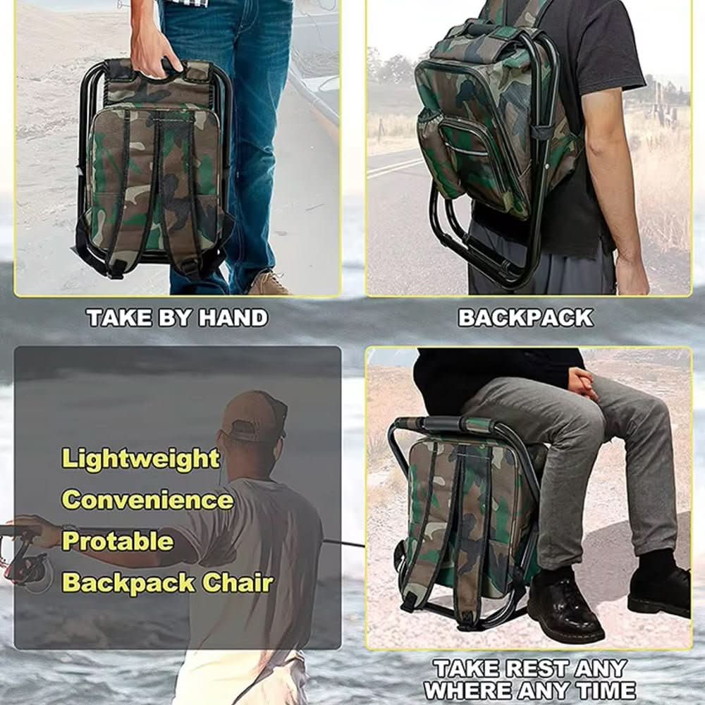 TrailChair 3-in-1 camouflage rugzak met opvouwbare stoel en koelbox voor buitengebruik