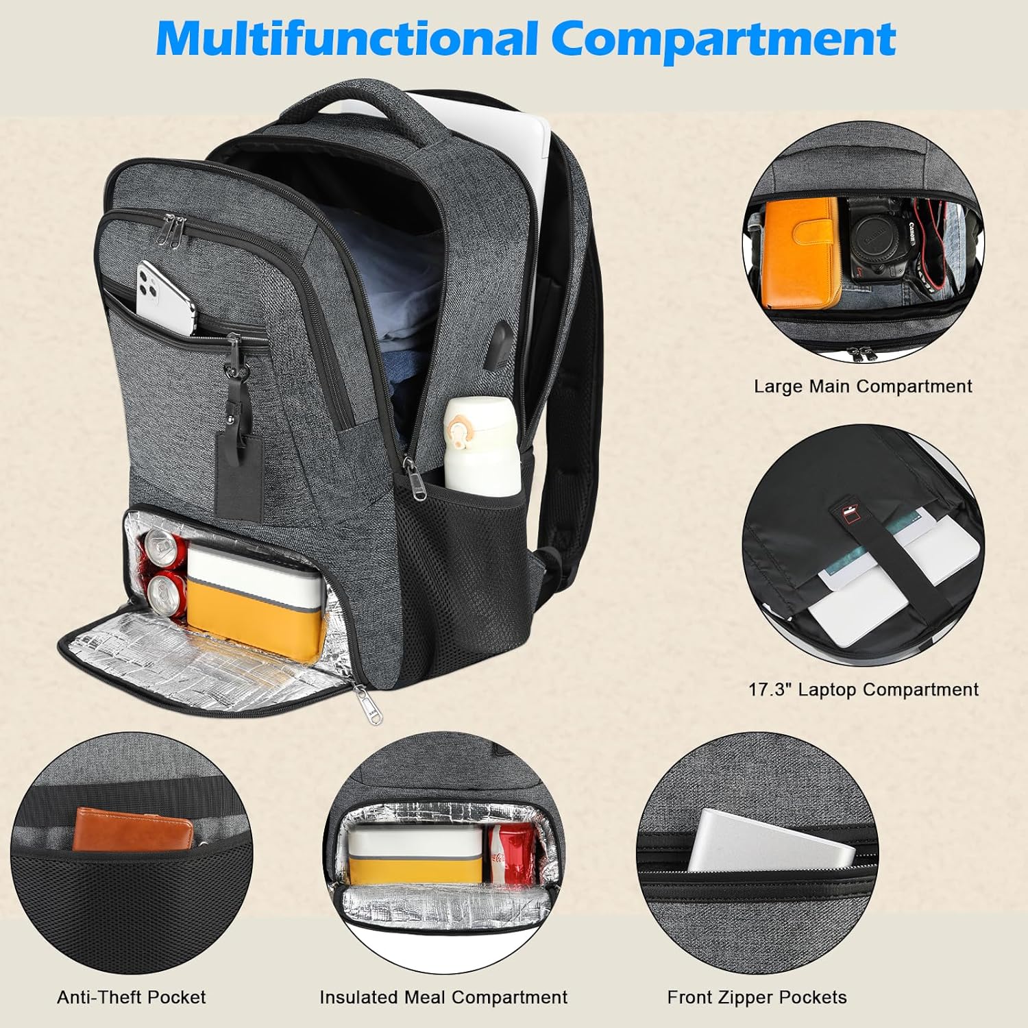 Universeller Laptop- und Lunch-Rucksack mit USB-Anschluss zum Aufladen, wasserdicht