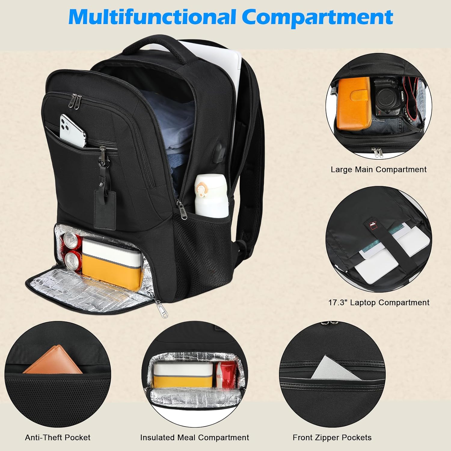 Universeller Laptop- und Lunch-Rucksack mit USB-Anschluss zum Aufladen, wasserdicht