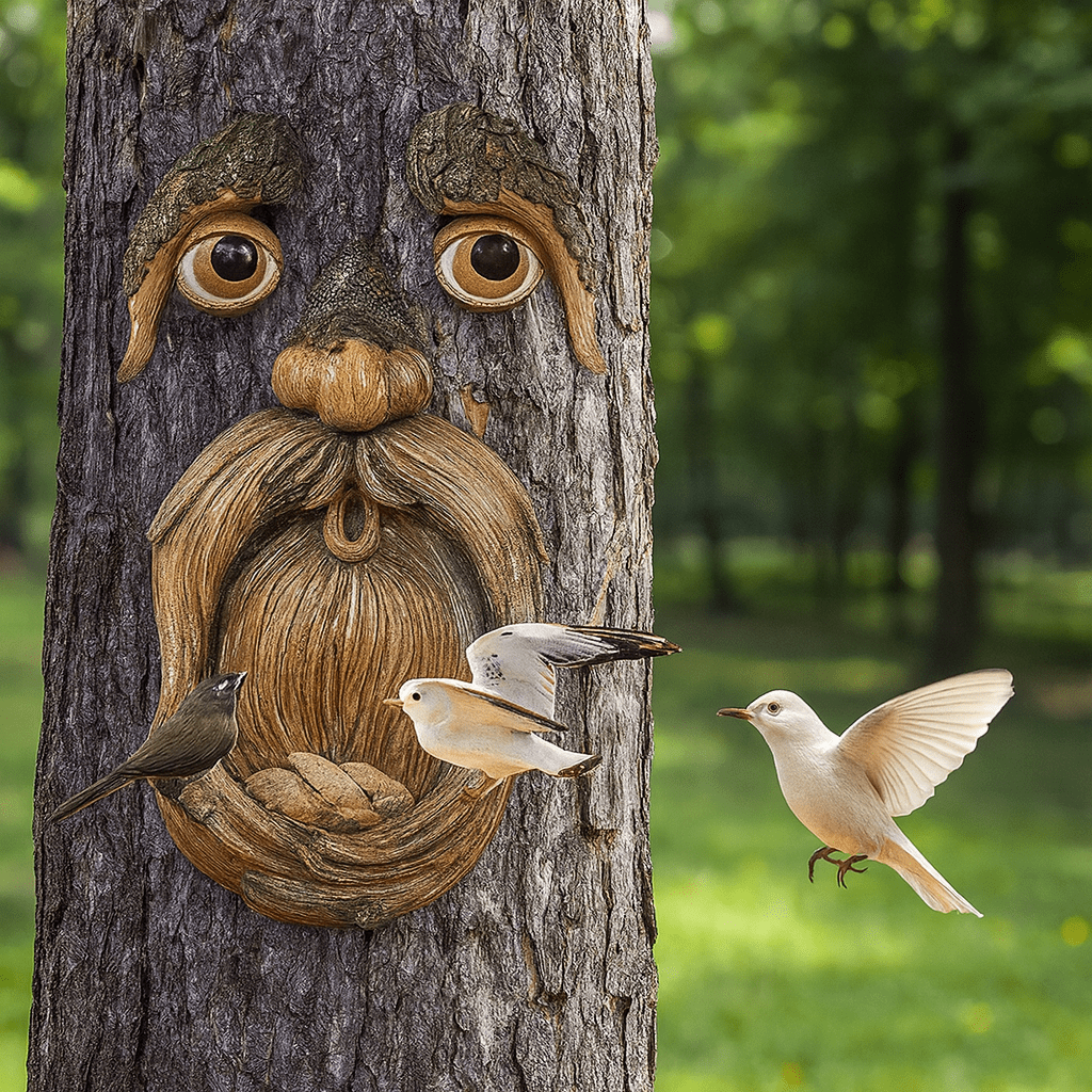 Ptačí budka Timber Grove Tree Face pro zahradní nadšence, odolná vůči povětrnostním vlivům, krmítko
