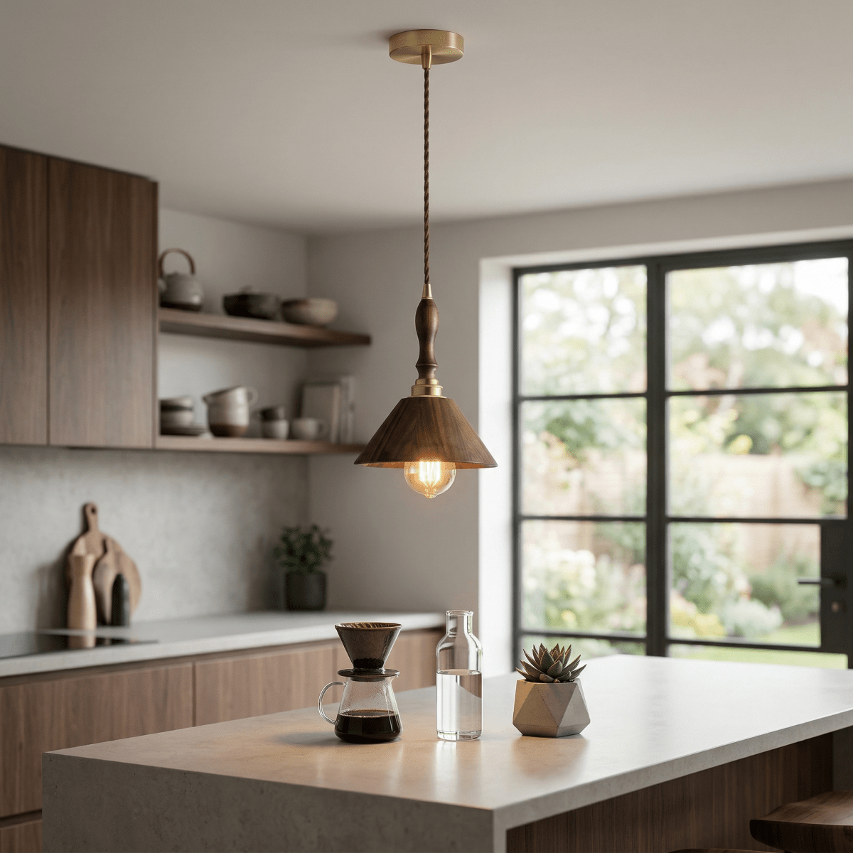 Cone Pendant Lamp In Walnut Wood, Modern Style, 12-Inch