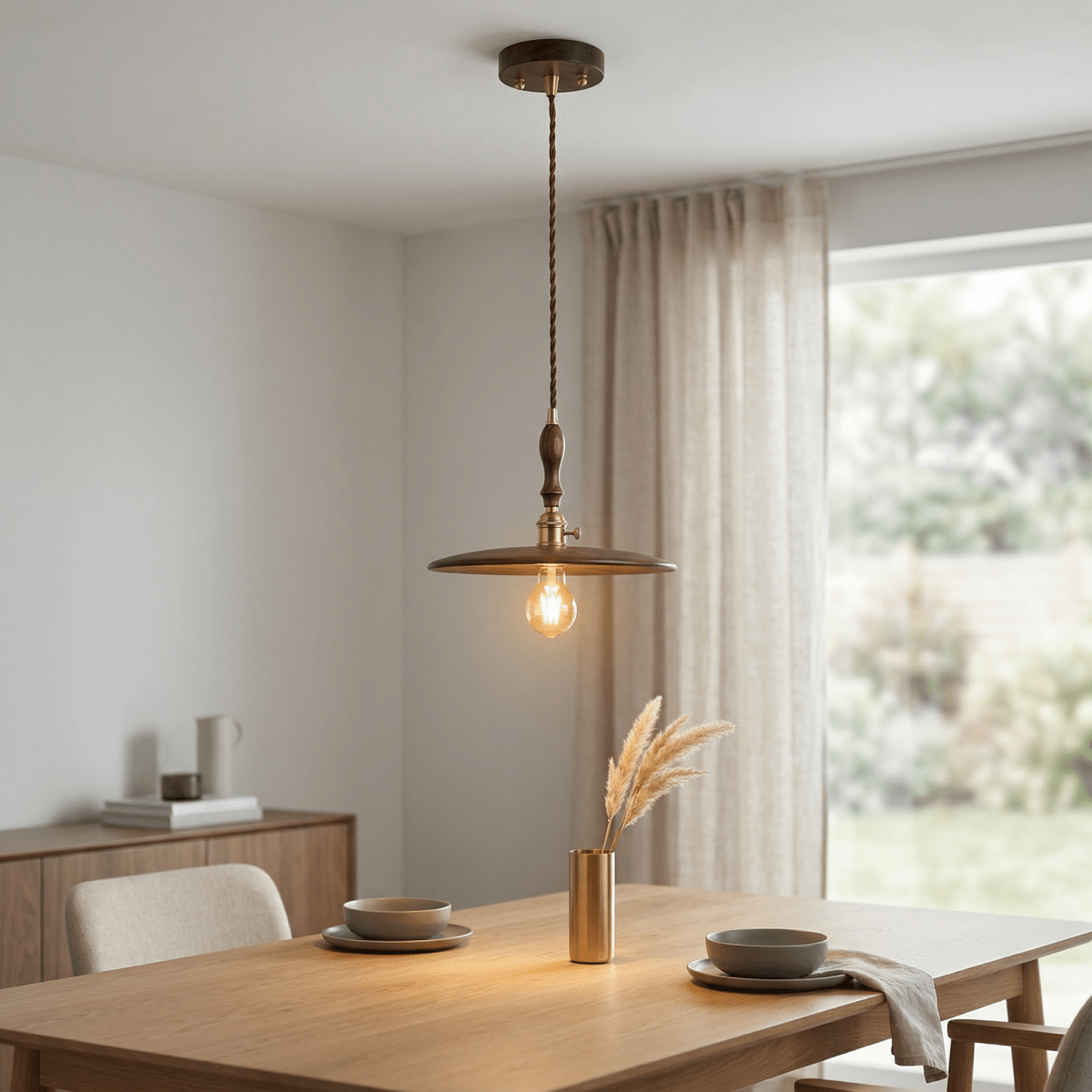 Pendant Light Made Of Walnut Wood, Japanese Design, 12-Inch Size