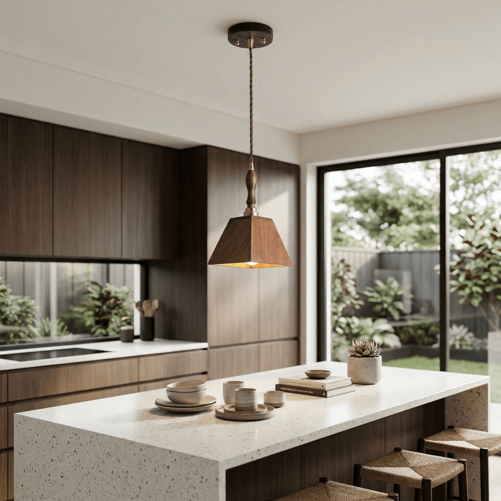 Moderne valnødtræ loftslampe med pyramideform, 12 tommer