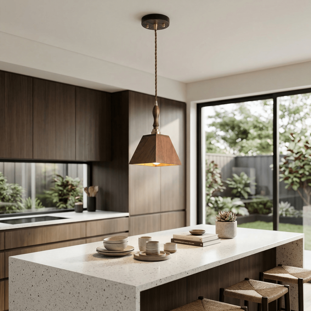 Moderne valnødtræ loftslampe med pyramideform, 12 tommer