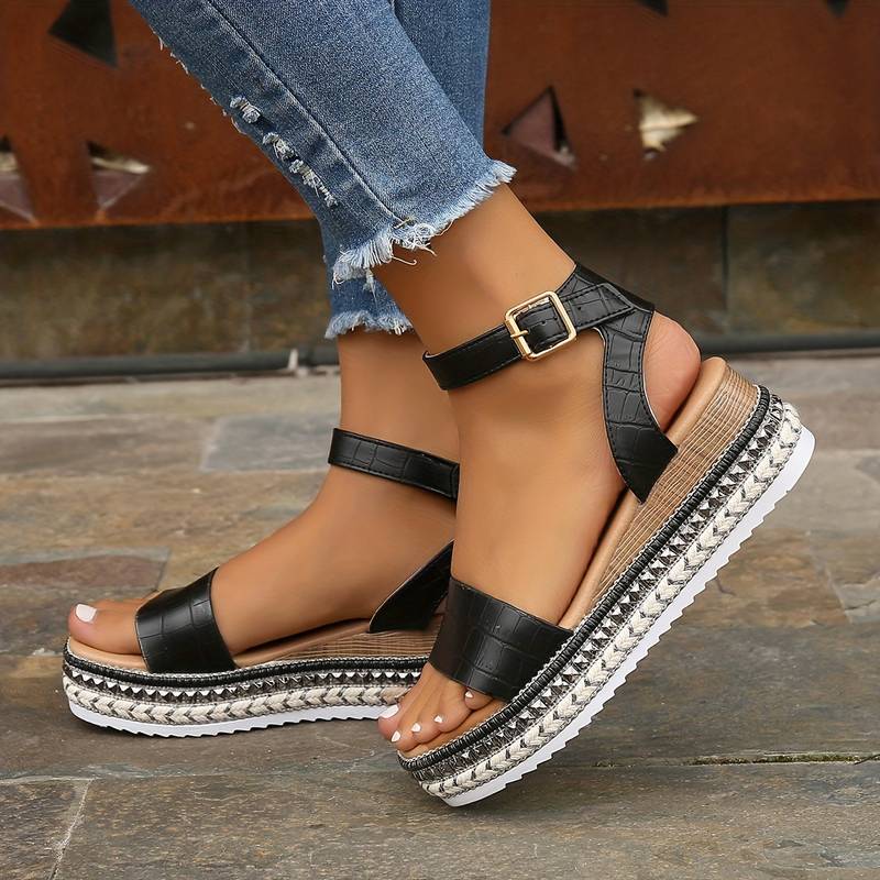 Textured Sole Platform Sandals With Ankle Strap For Women