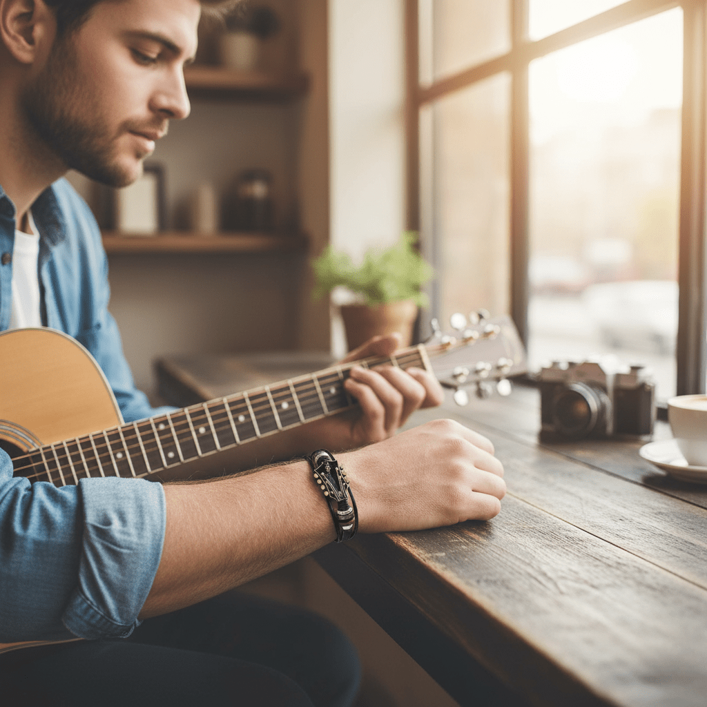 Náramek z kůže inspirovaný kytarou MelodyForge pro milovníky hudby s celodenním pohodlím