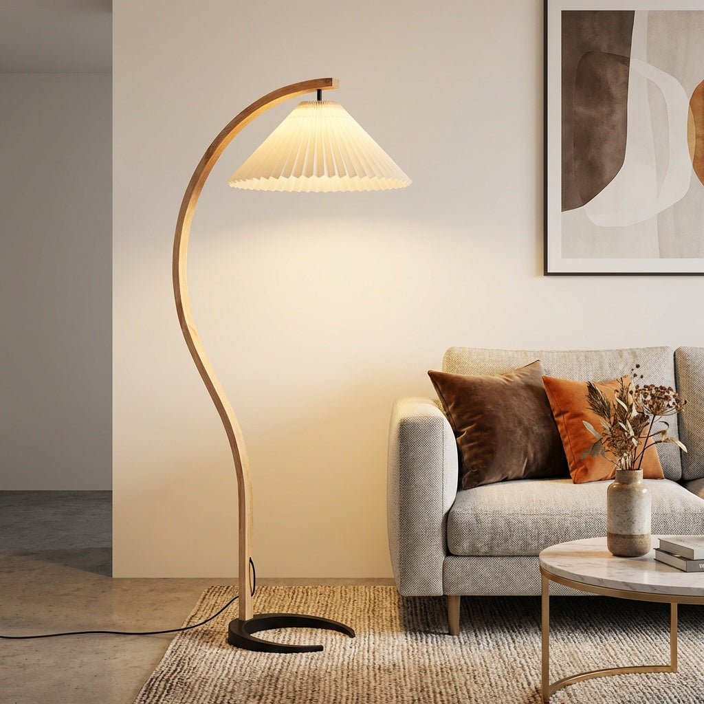 Bøyd Bøk Arc Gulvlampe Med Lin Lampskjerm For Stue