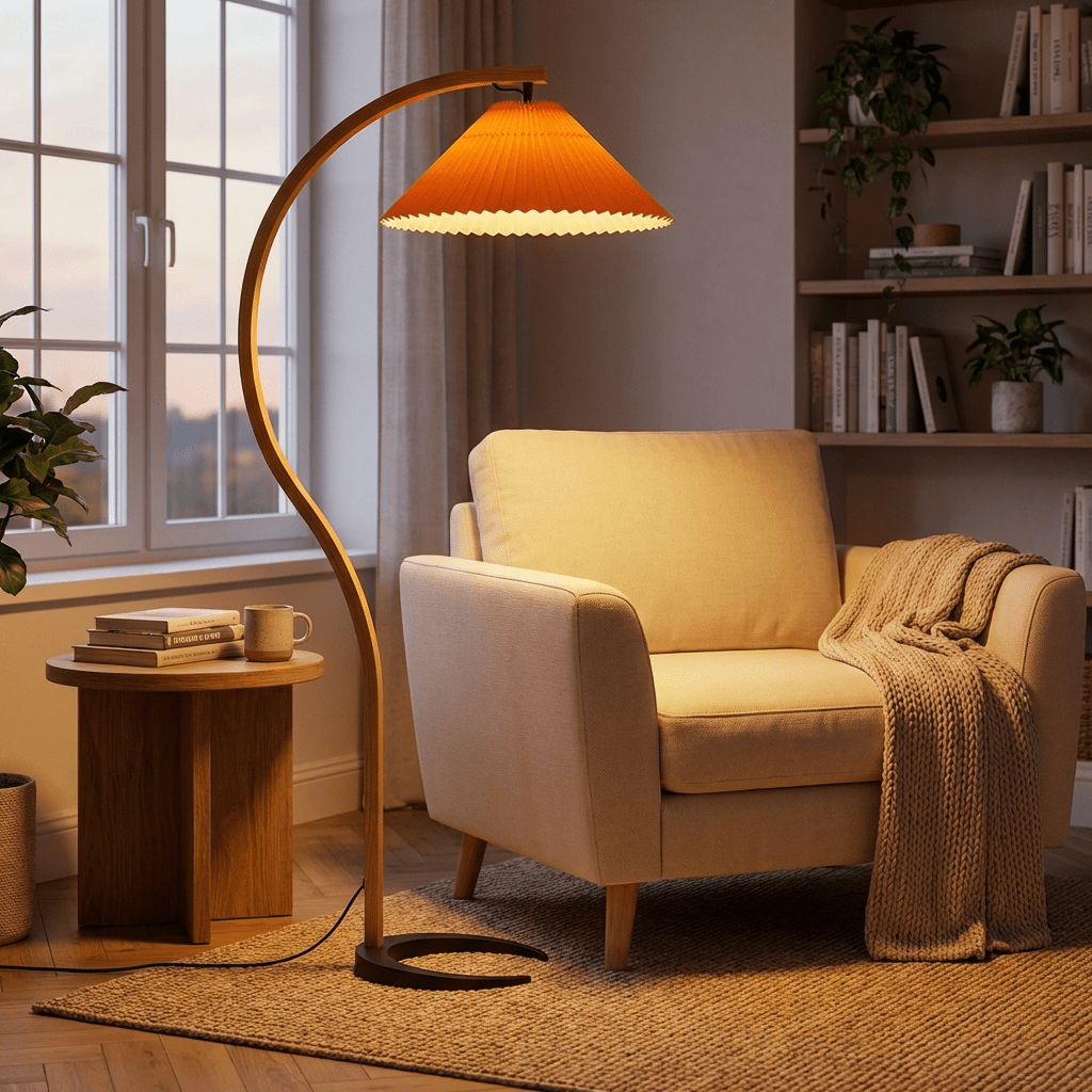 Bøyd Bøk Arc Gulvlampe Med Lin Lampskjerm For Stue