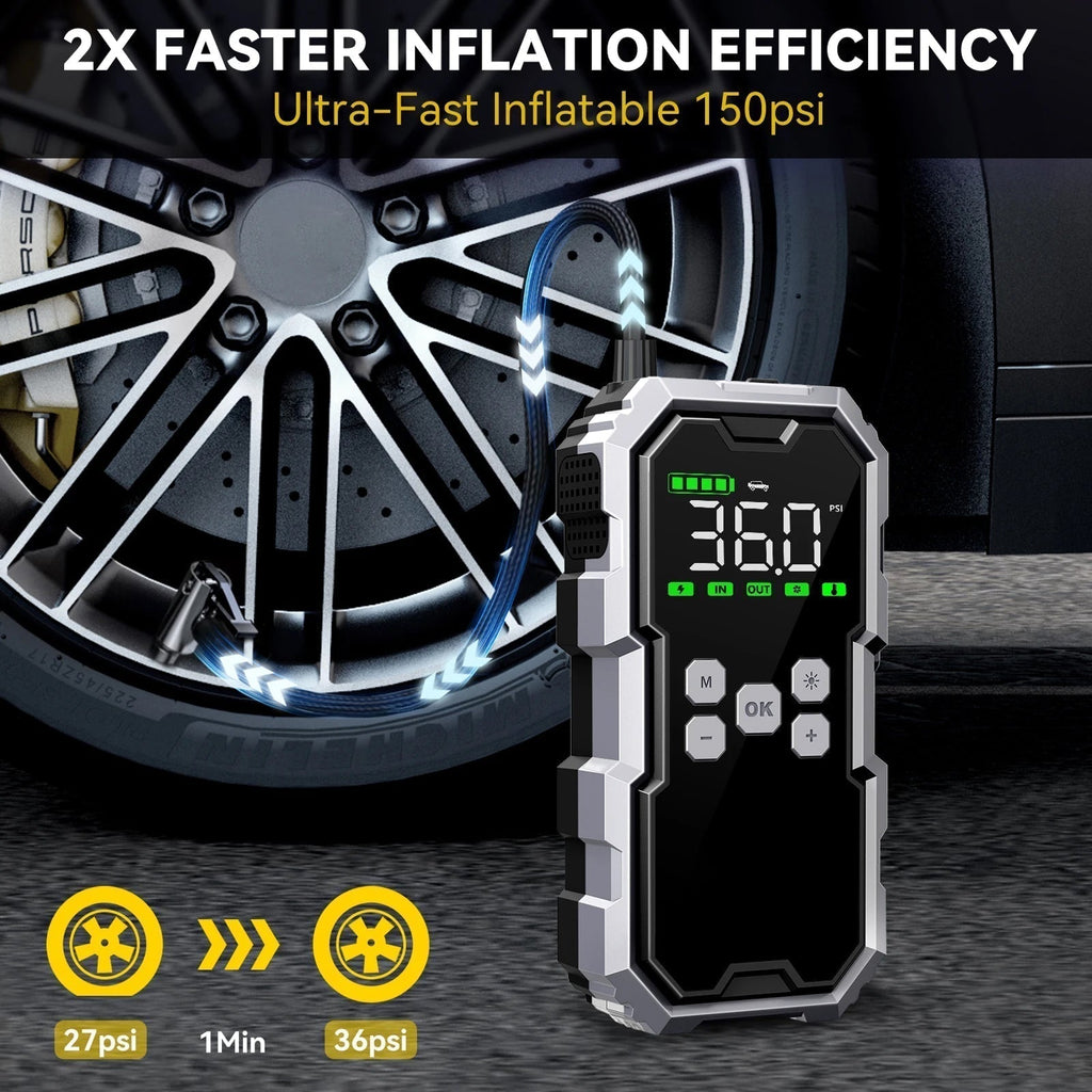 6000A Startbooster og dekkpumpe, 21800mAh, 150 PSI, 2,7 tommers LCD-skjerm