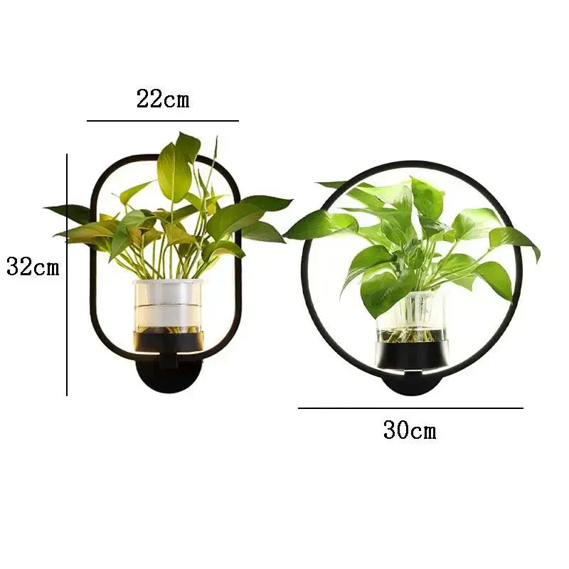 LED Plant Wall Light With Glass Vase And Warm Backlight, Metal Frame
