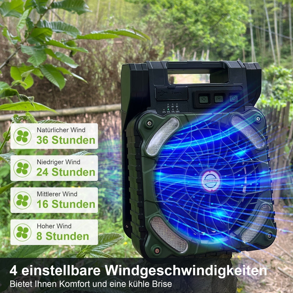 Solární ventilátor na kempování s LED osvětlením a powerbankou, čtyři rychlosti