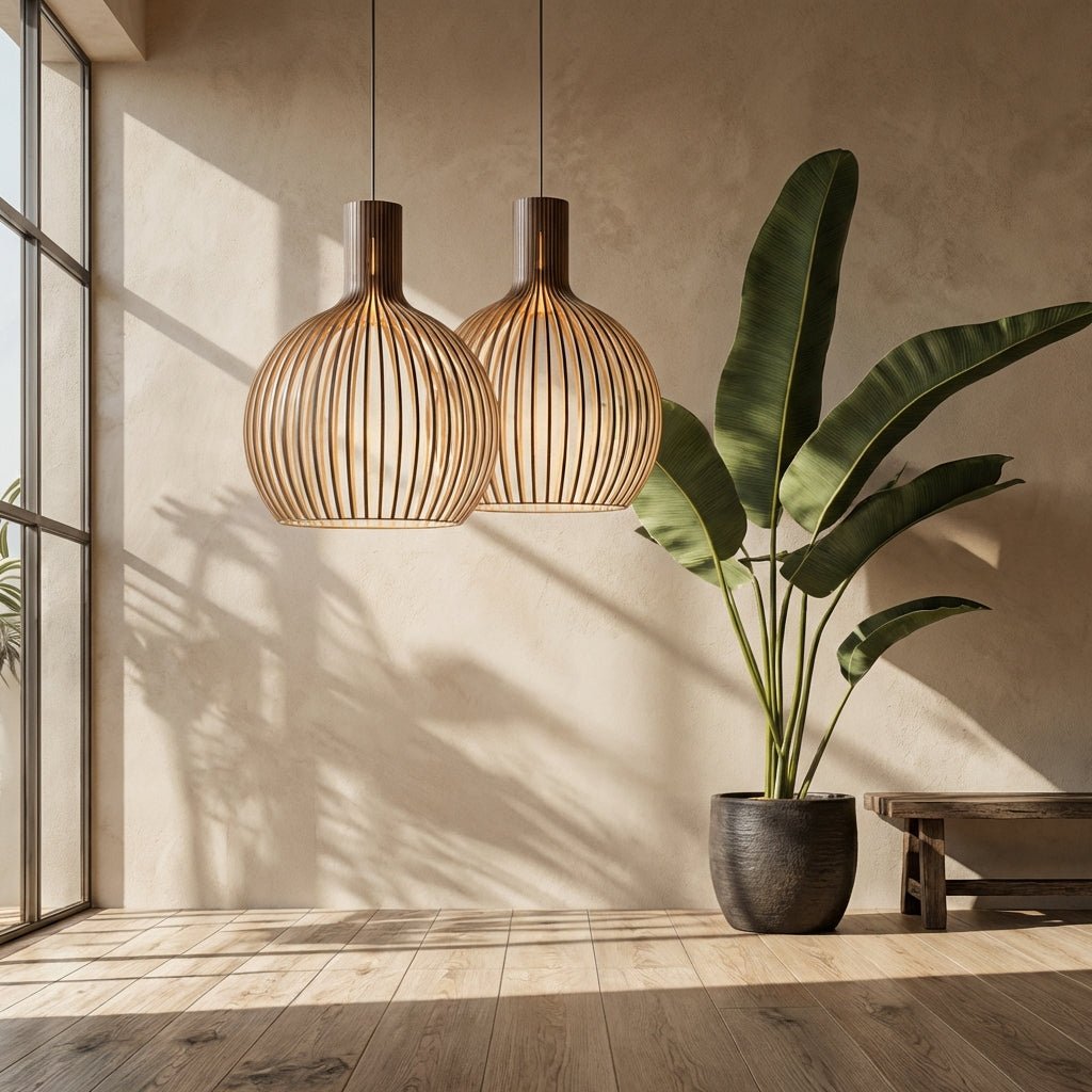 Bambus Pendellampe Rustikk Trebur Taklampe E27