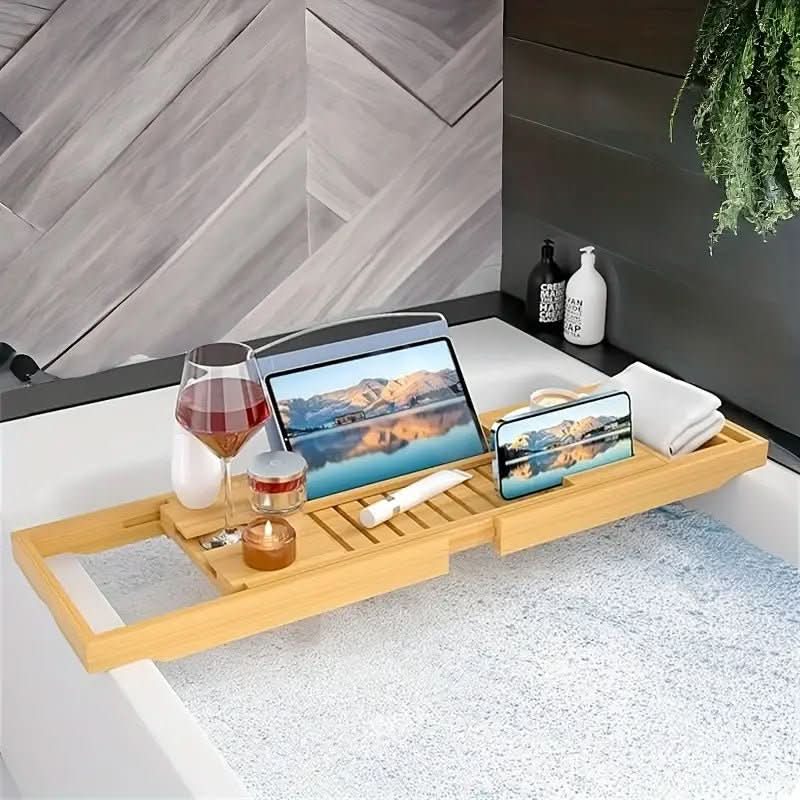 Vassoio da Bagno Estensibile in Bambù Aurevo con Porta Bicchiere da Vino e Porta Libri