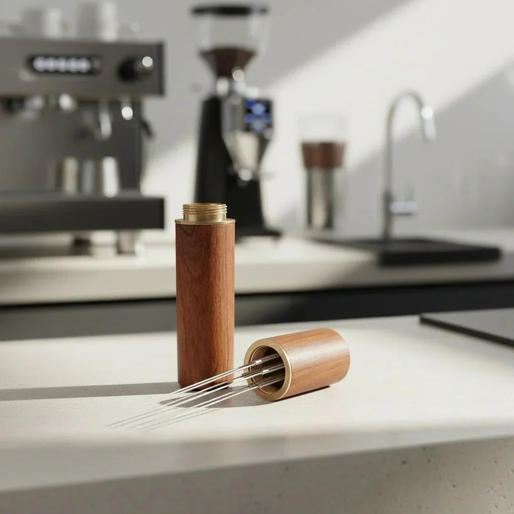 BARISTAPRO-espressotamper puukahvalla ja ruostumattomasta teräksestä valmistetuilla neuloilla