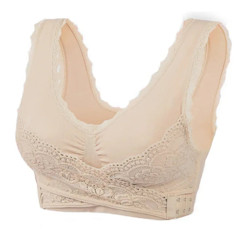 Trådløs frontkryds-lace-bh med justerbar sidebøjle