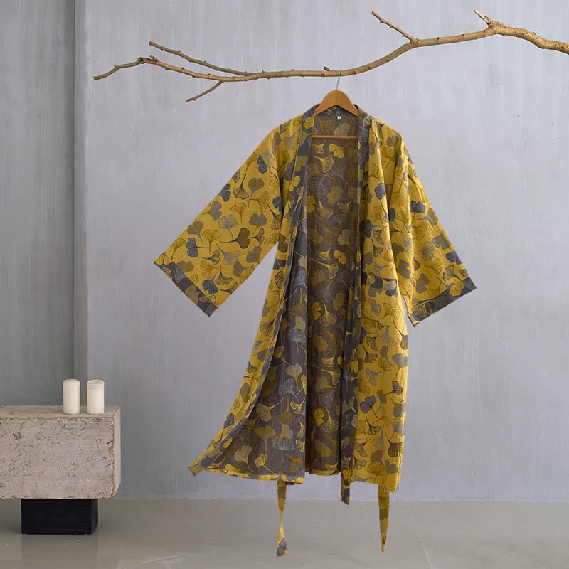 BILORAE Ginkgo bavlněný župan s kimono siluetou pro prodyšné pohodlí