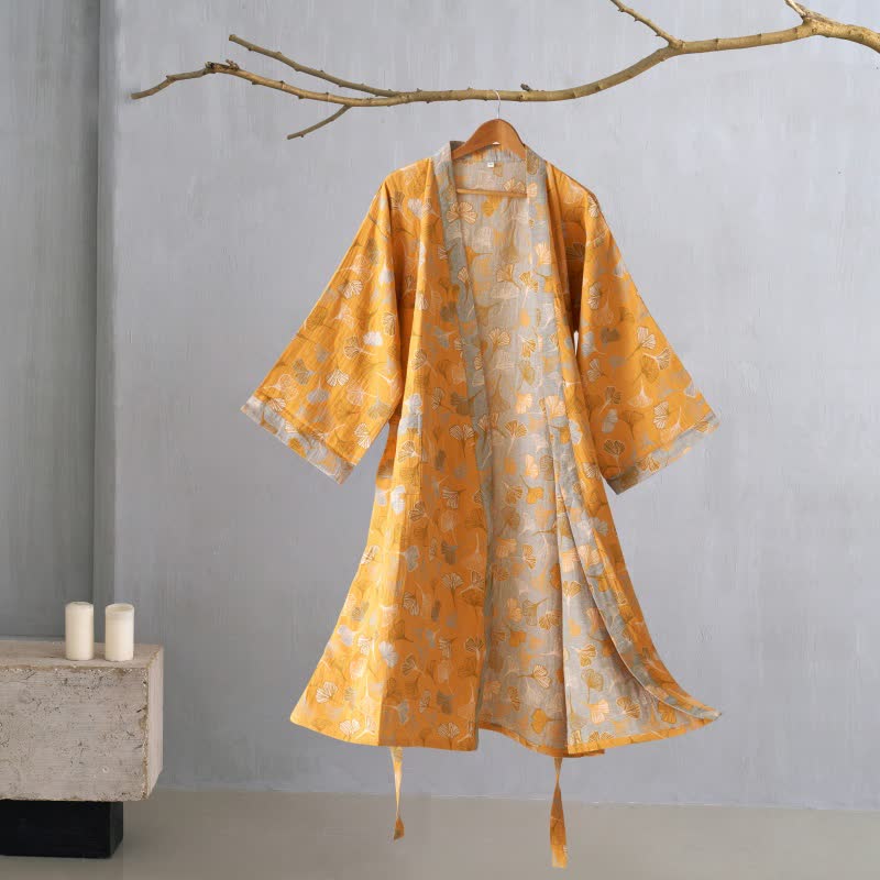 BILORAE Ginkgo bavlněný župan s kimono siluetou pro prodyšné pohodlí
