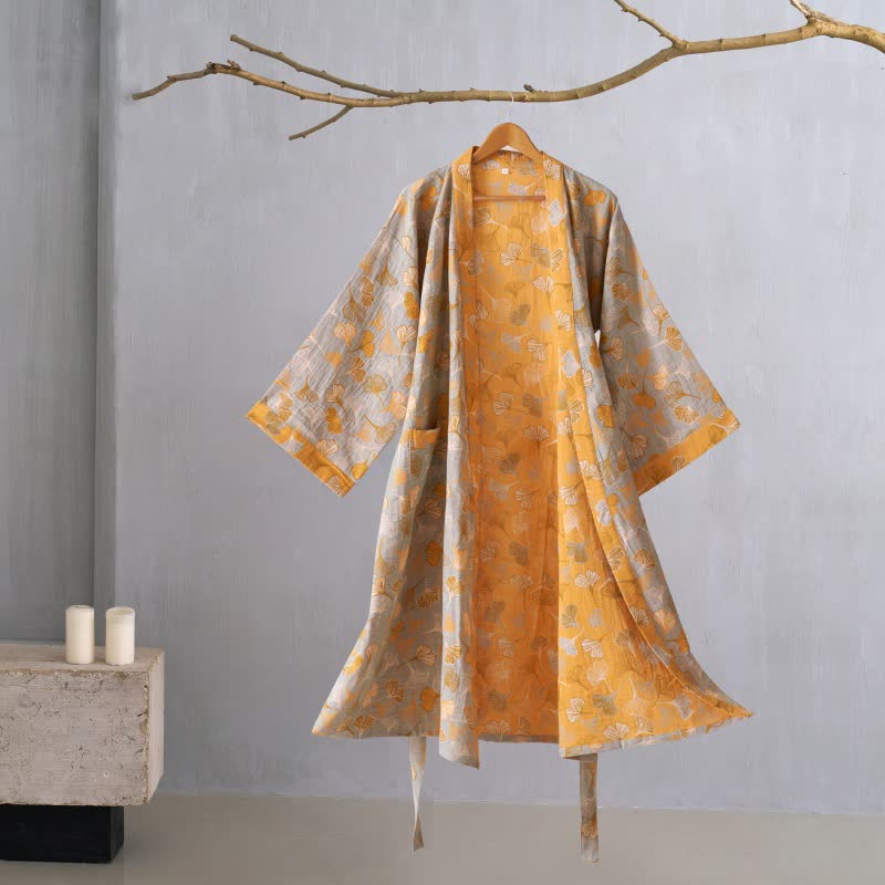BILORAE Ginkgo bavlněný župan s kimono siluetou pro prodyšné pohodlí