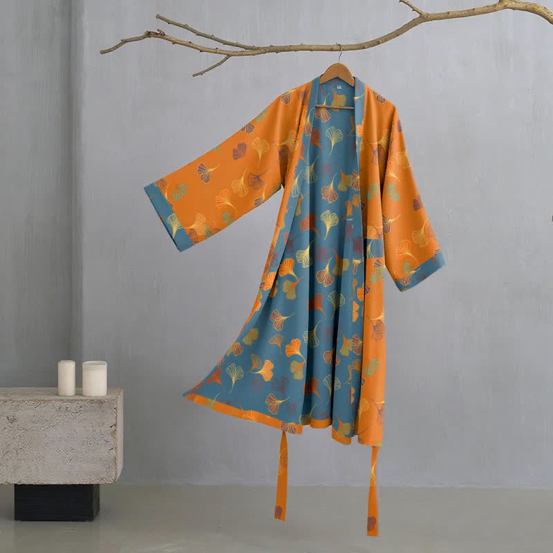 BILORAE Ginkgo bavlněný župan s kimono siluetou pro prodyšné pohodlí