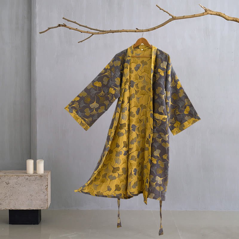 BILORAE Ginkgo bavlněný župan s kimono siluetou pro prodyšné pohodlí