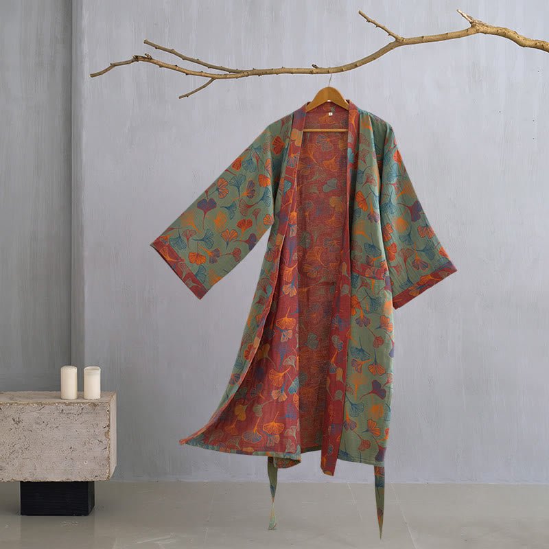 BILORAE Ginkgo bavlněný župan s kimono siluetou pro prodyšné pohodlí
