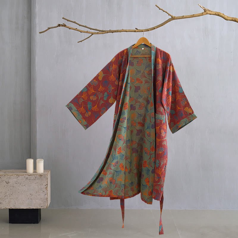 BILORAE Ginkgo bavlněný župan s kimono siluetou pro prodyšné pohodlí