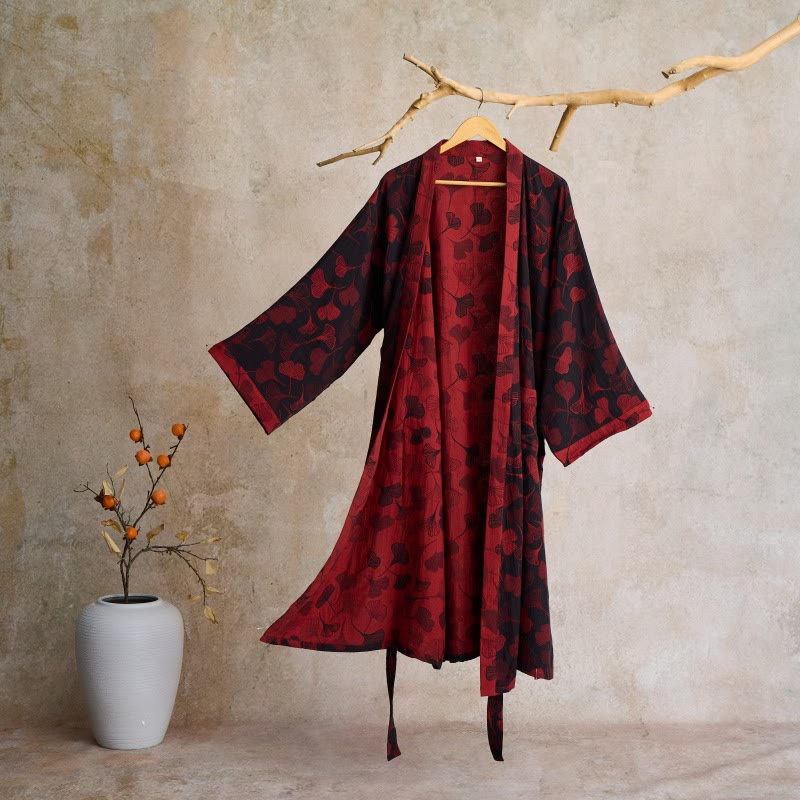 BILORAE Ginkgo bavlněný župan s kimono siluetou pro prodyšné pohodlí