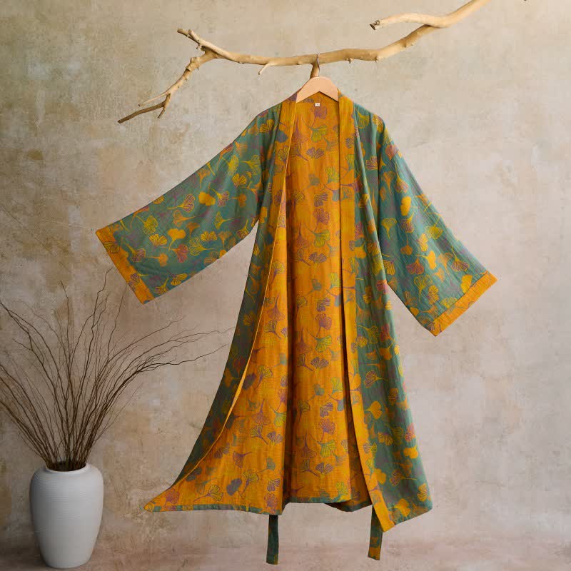 BILORAE Ginkgo bavlněný župan s kimono siluetou pro prodyšné pohodlí