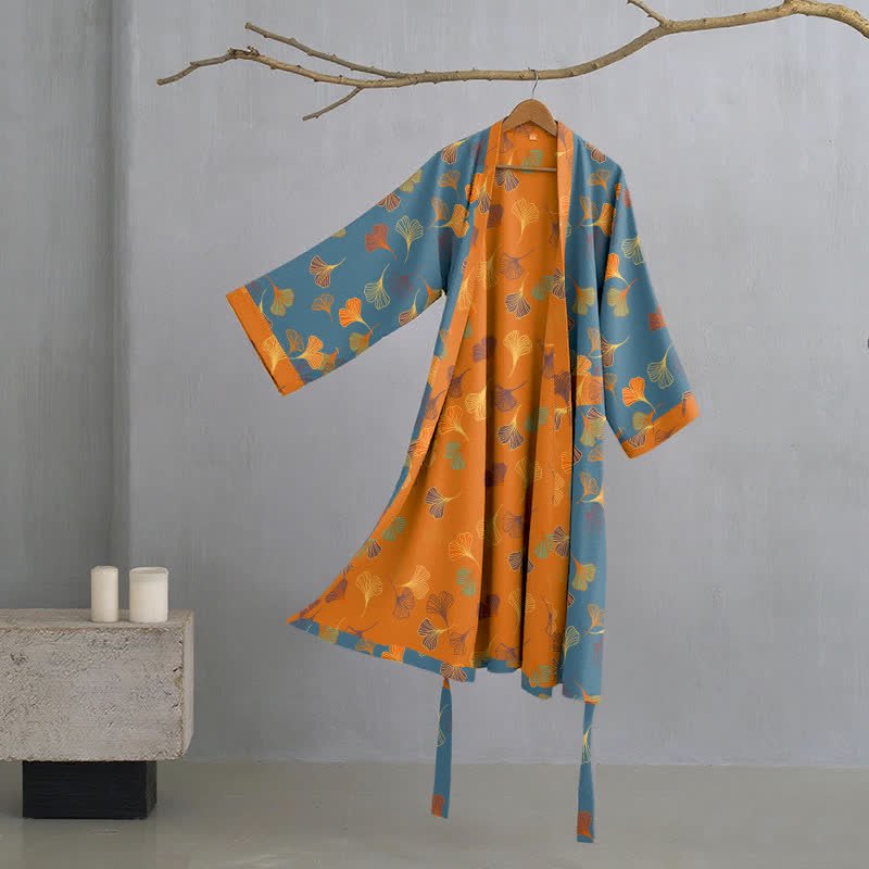 BILORAE Ginkgo bavlněný župan s kimono siluetou pro prodyšné pohodlí
