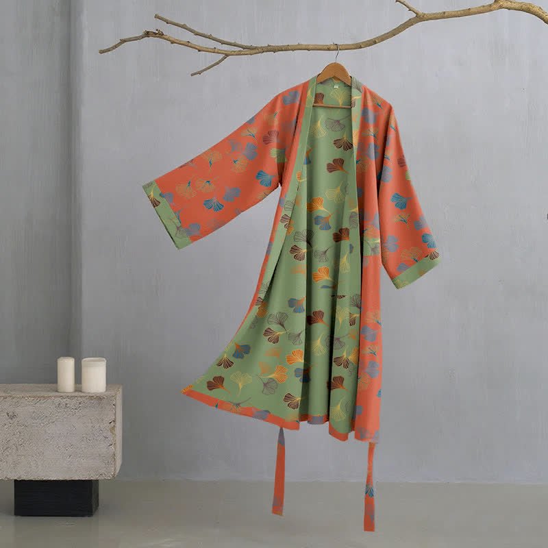 BILORAE Ginkgo bavlněný župan s kimono siluetou pro prodyšné pohodlí