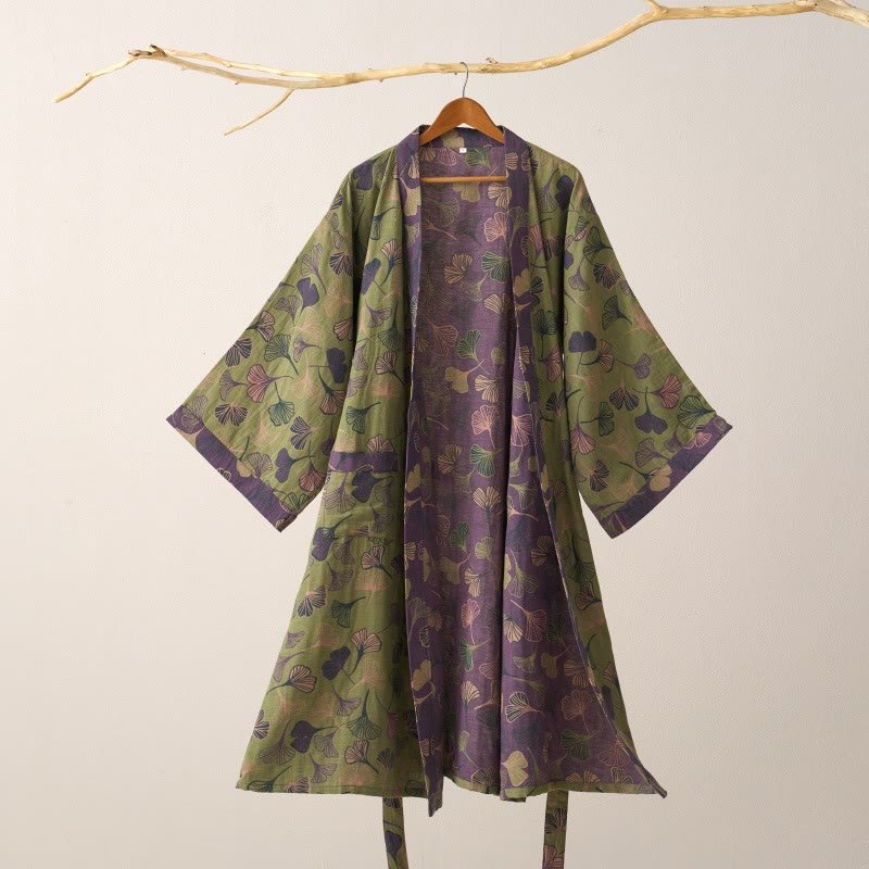 BILORAE Ginkgo bavlněný župan s kimono siluetou pro prodyšné pohodlí