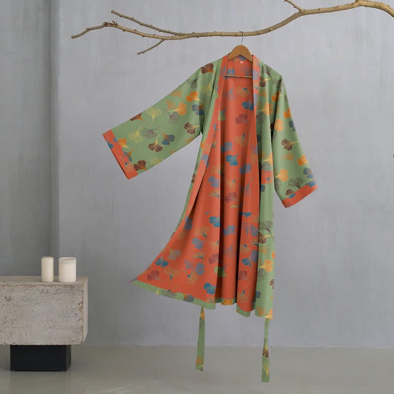 BILORAE Ginkgo bavlněný župan s kimono siluetou pro prodyšné pohodlí