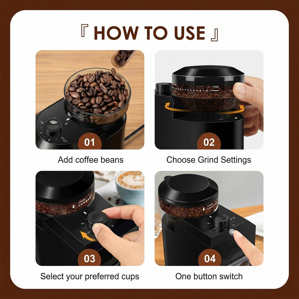 Mlýnek na kávu s 28 nastaveními mletí a plochými kameny pro espresso a french press
