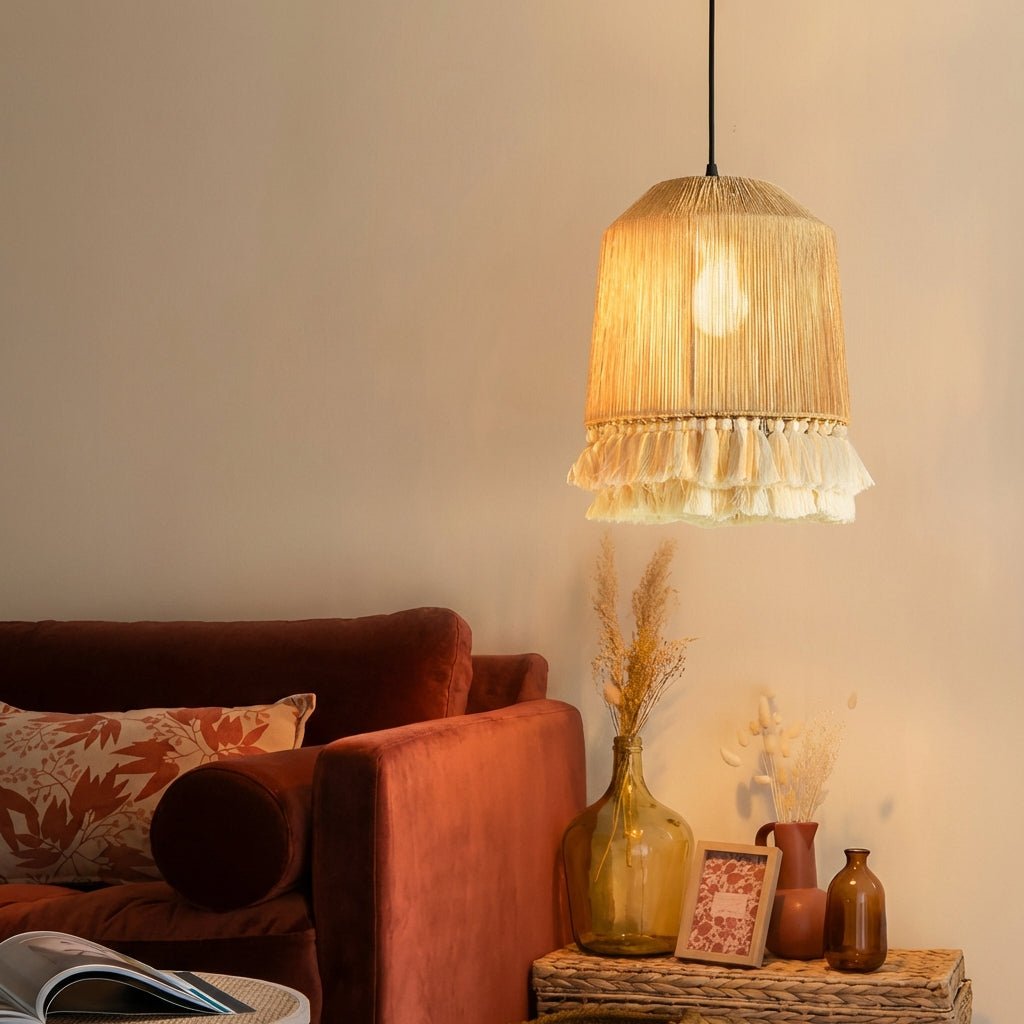 Boho Hamp Tau Lysekrone Med Rattan Dusker For Spisestue