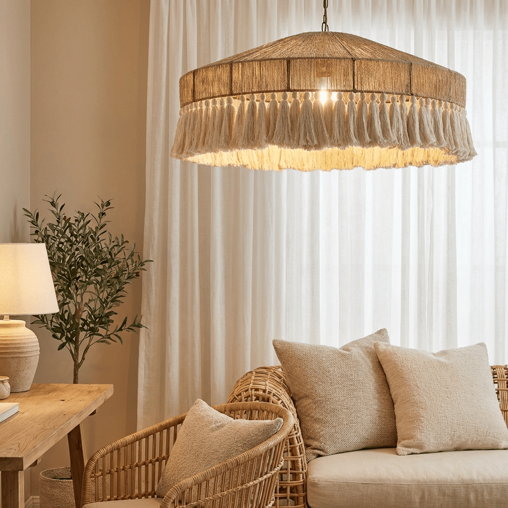 Boho Hamp Tau Lysekrone Med Rattan Dusker For Spisestue