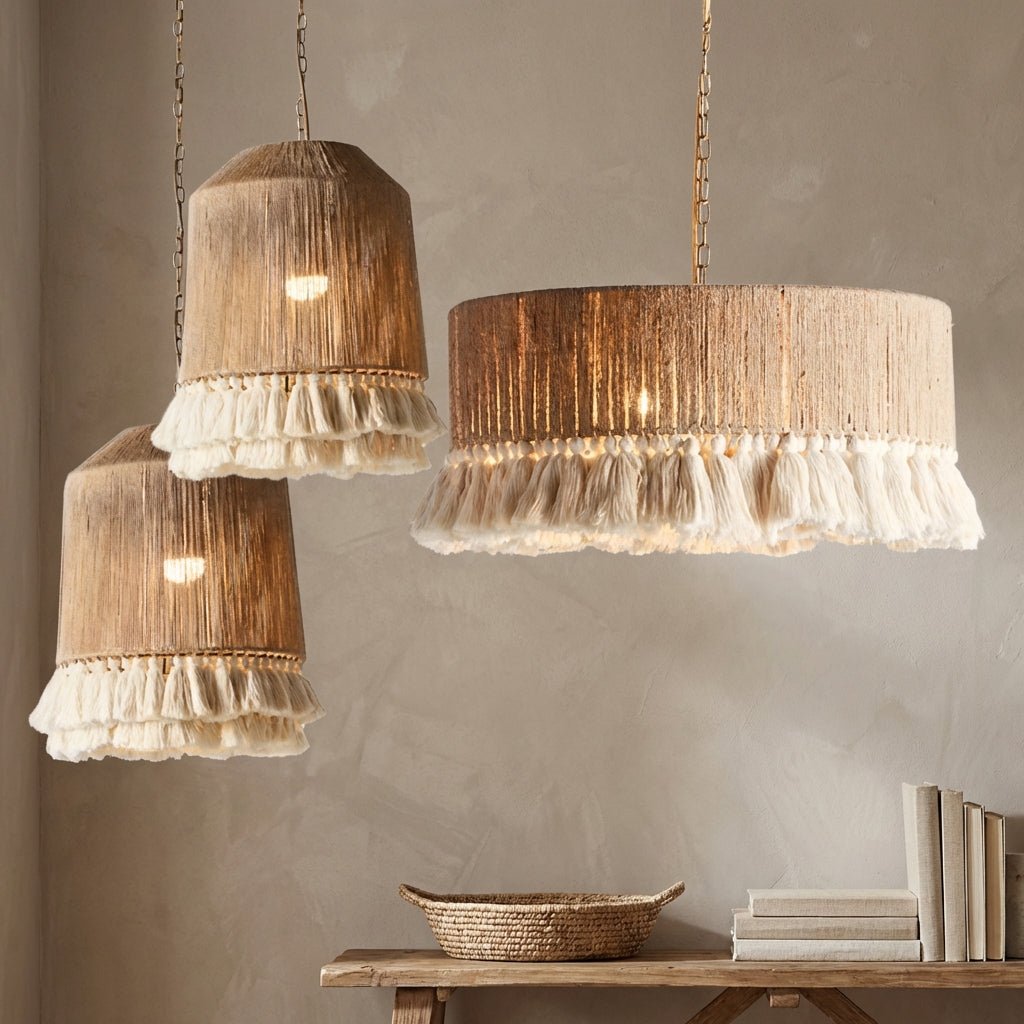 Boho Hamp Tau Lysekrone Med Rattan Dusker For Spisestue