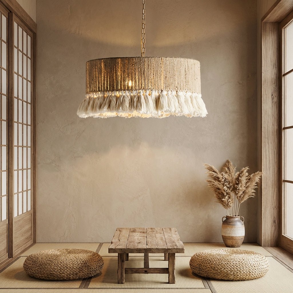 Boho Hamp Tau Lysekrone Med Rattan Dusker For Spisestue
