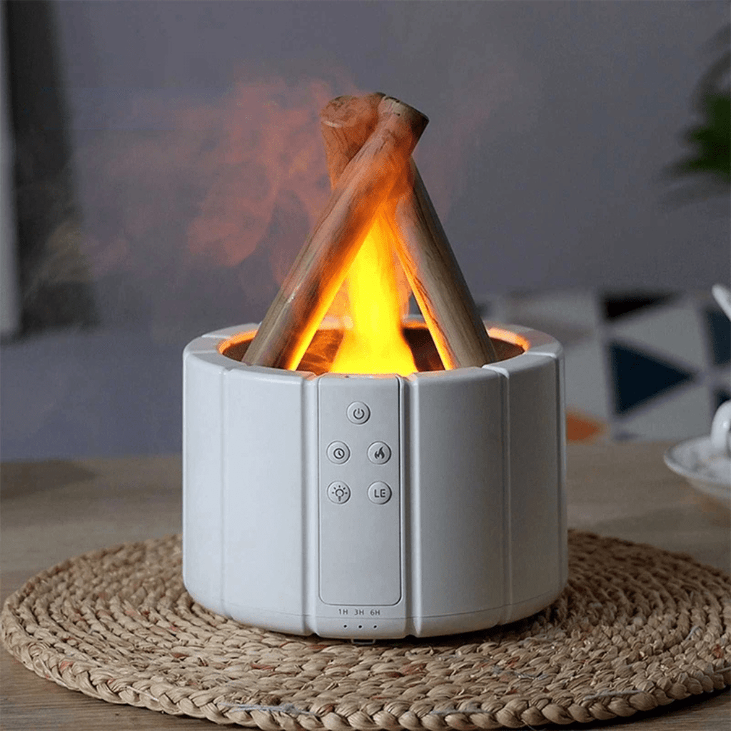 AuroMist ultraljudsfuktare med mysig lägereldslampa och aromaterapi