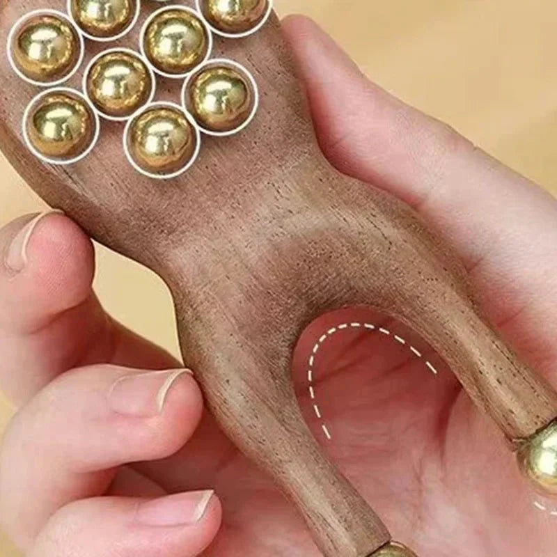 BRASSFLOW Dřevěný masážní nástroj Gua Sha na obličej s mosaznými kuličkami pro relaxaci