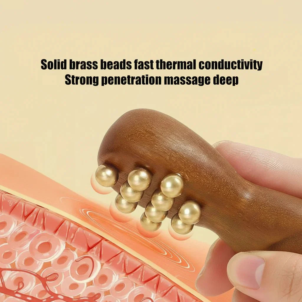 BRASSFLOW Dřevěný masážní nástroj Gua Sha na obličej s mosaznými kuličkami pro relaxaci