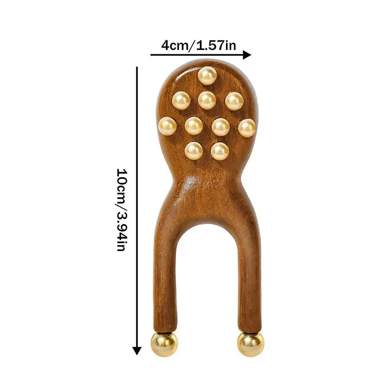 BRASSFLOW Dřevěný masážní nástroj Gua Sha na obličej s mosaznými kuličkami pro relaxaci