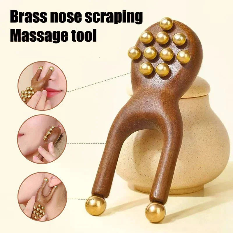 BRASSFLOW Dřevěný masážní nástroj Gua Sha na obličej s mosaznými kuličkami pro relaxaci